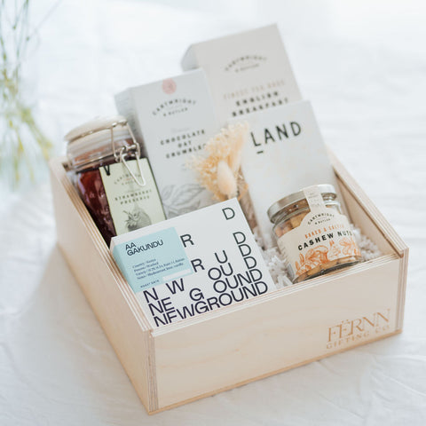wooden keepsake gift box with guest welcome food hamper items for christmas grandparents gift