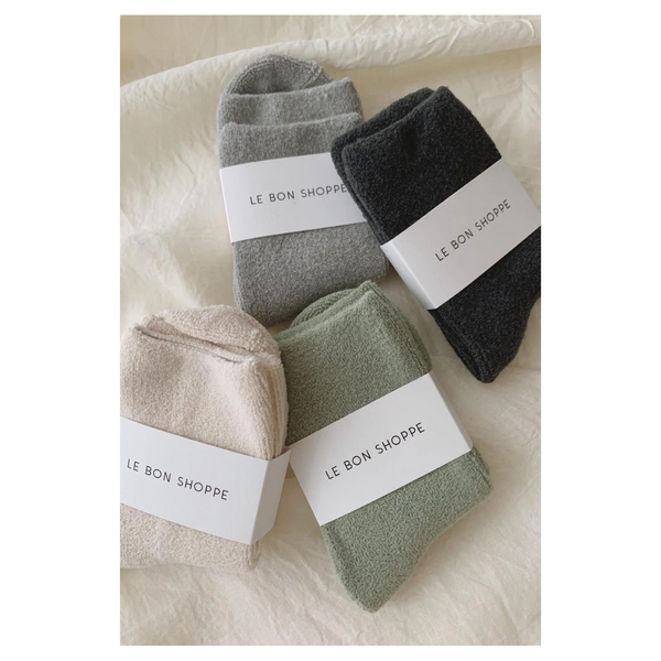 fluffy cloud socks by le bon shoppe in natural sage green grey and charcoal grey