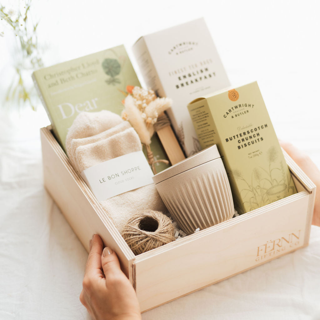 wooden keepsake gift box with gardening gifts inside, book, biscuits, huskeecup, le bon shoppe socks and gardening gifts for her for birthday christmas